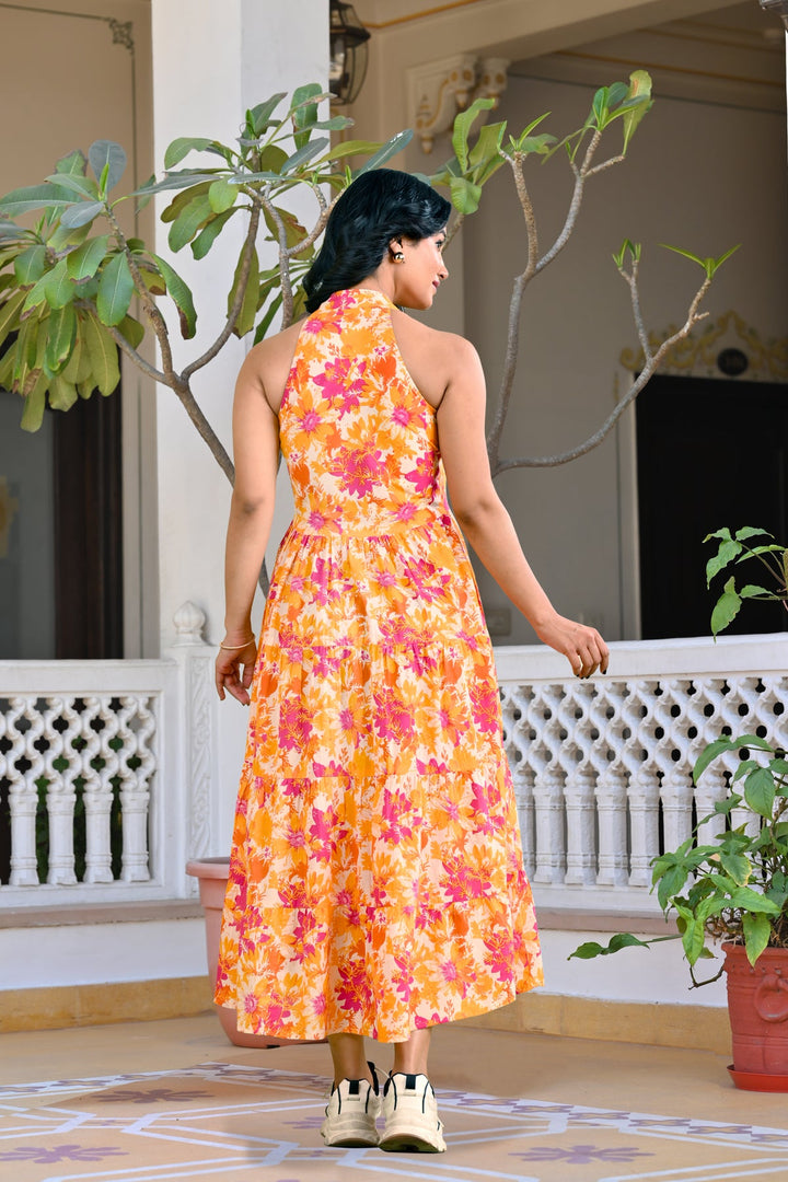 Floral Printed Pure Cotton Fit &amp; Flare Ethnic Dress