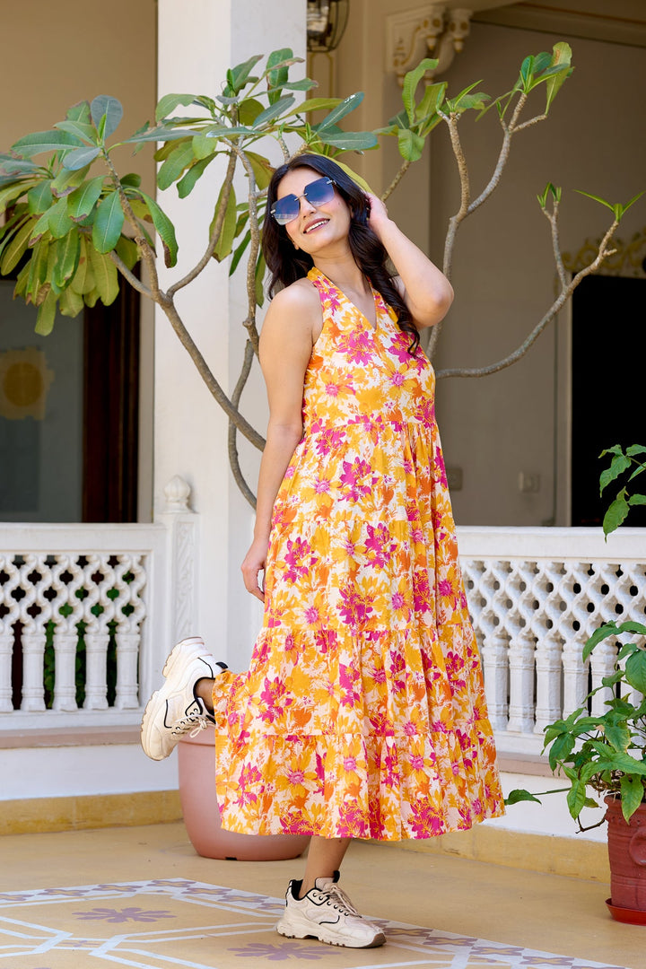 Floral Printed Pure Cotton Fit &amp; Flare Ethnic Dress