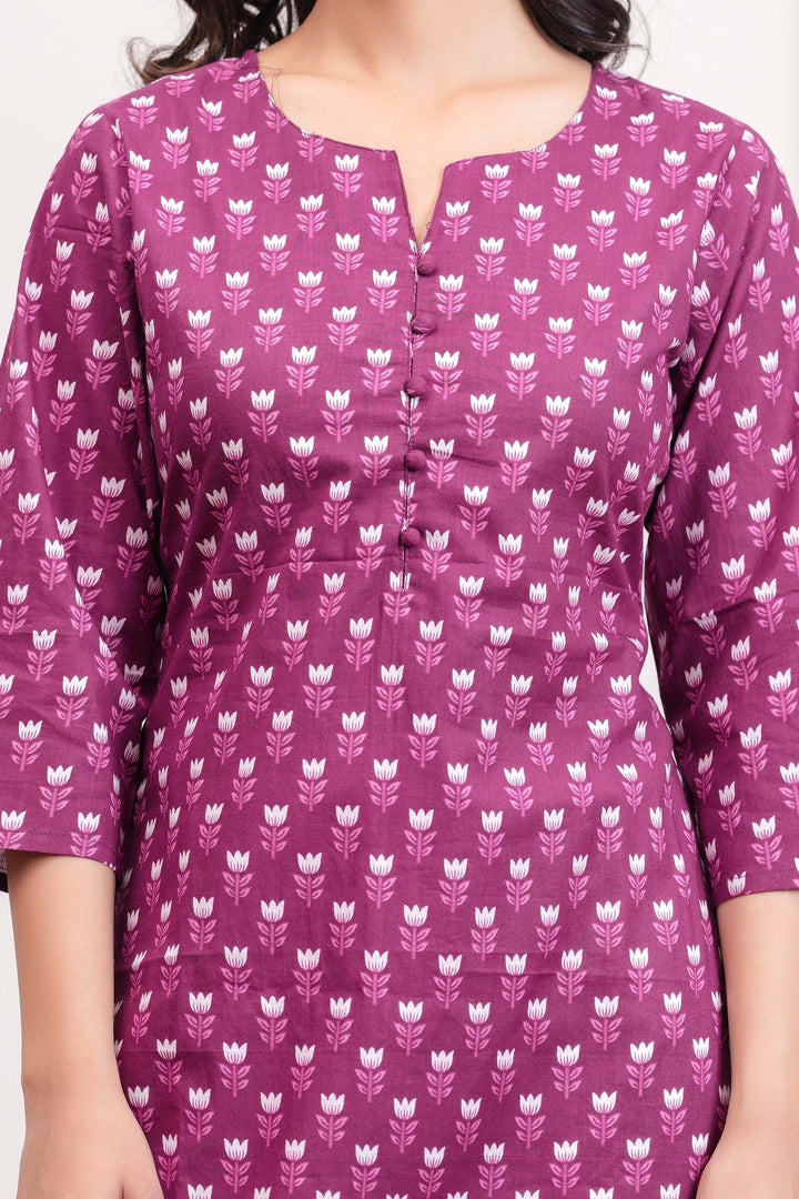 Purple Printed Straight Kurta with Three Quarter Sleeves