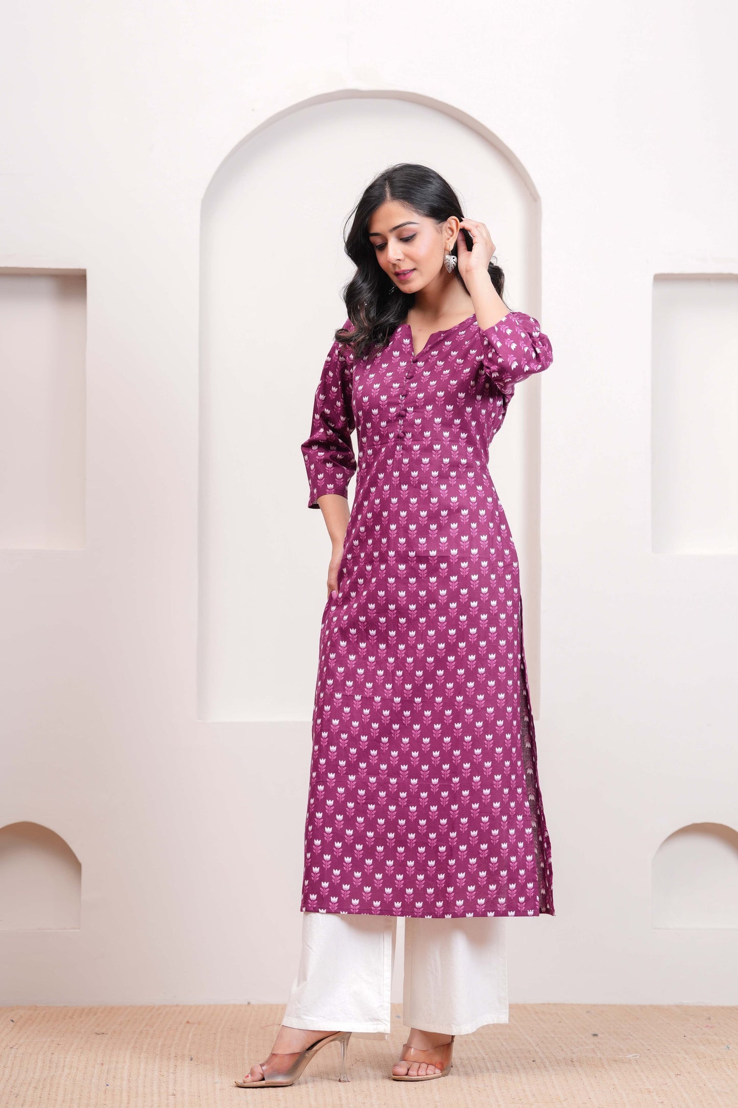 Purple Printed Straight Kurta with Three Quarter Sleeves