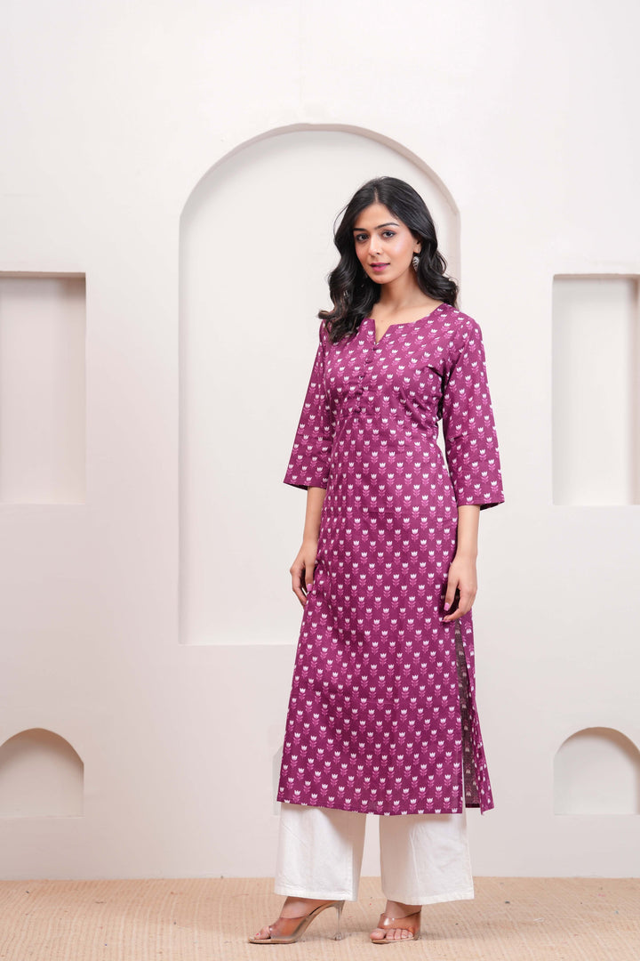 Purple Printed Straight Kurta with Three Quarter Sleeves