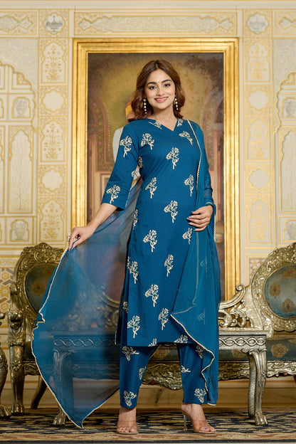 Teal Printed Kurtas & Trouser With Dupatta