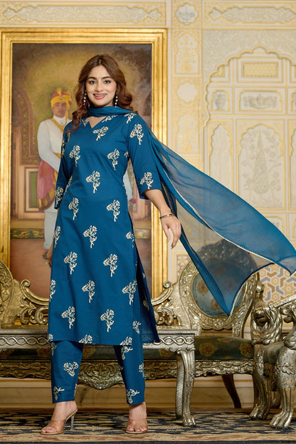Teal Printed Kurtas & Trouser With Dupatta