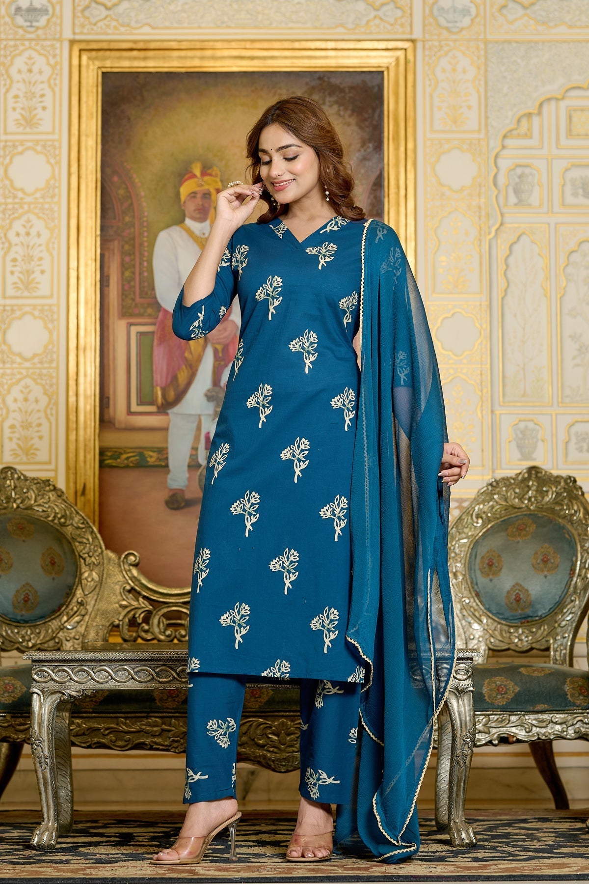 Teal Printed Kurtas & Trouser With Dupatta