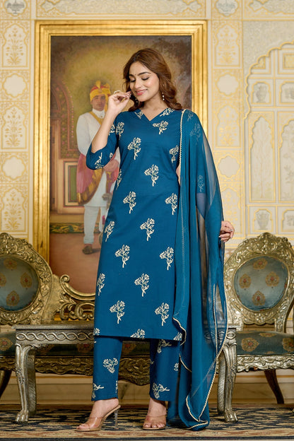 Teal Printed Kurtas & Trouser With Dupatta
