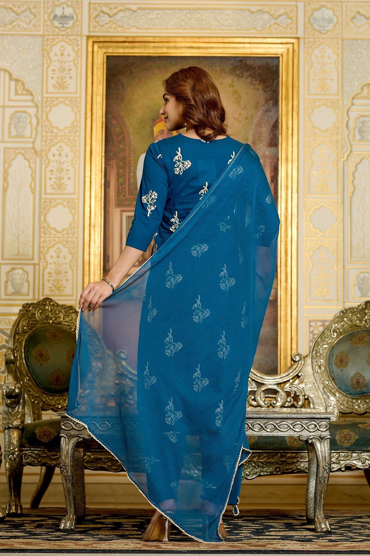 Teal Printed Kurtas & Trouser With Dupatta