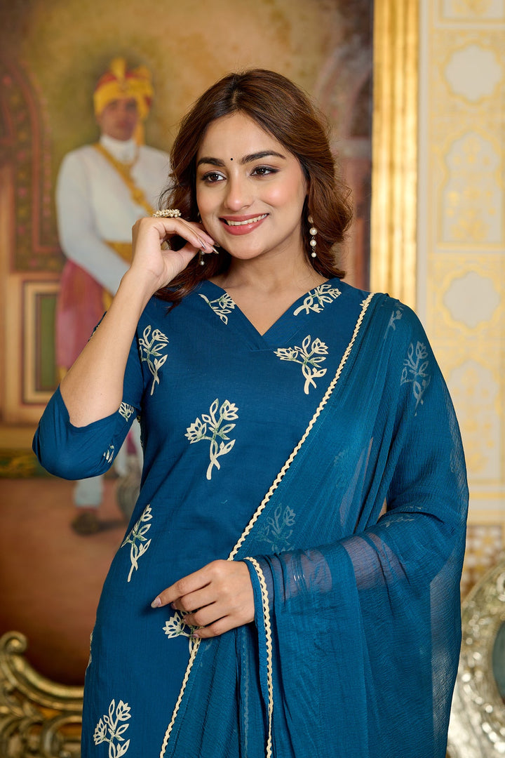 Teal Printed Kurtas &amp; Trouser With Dupatta