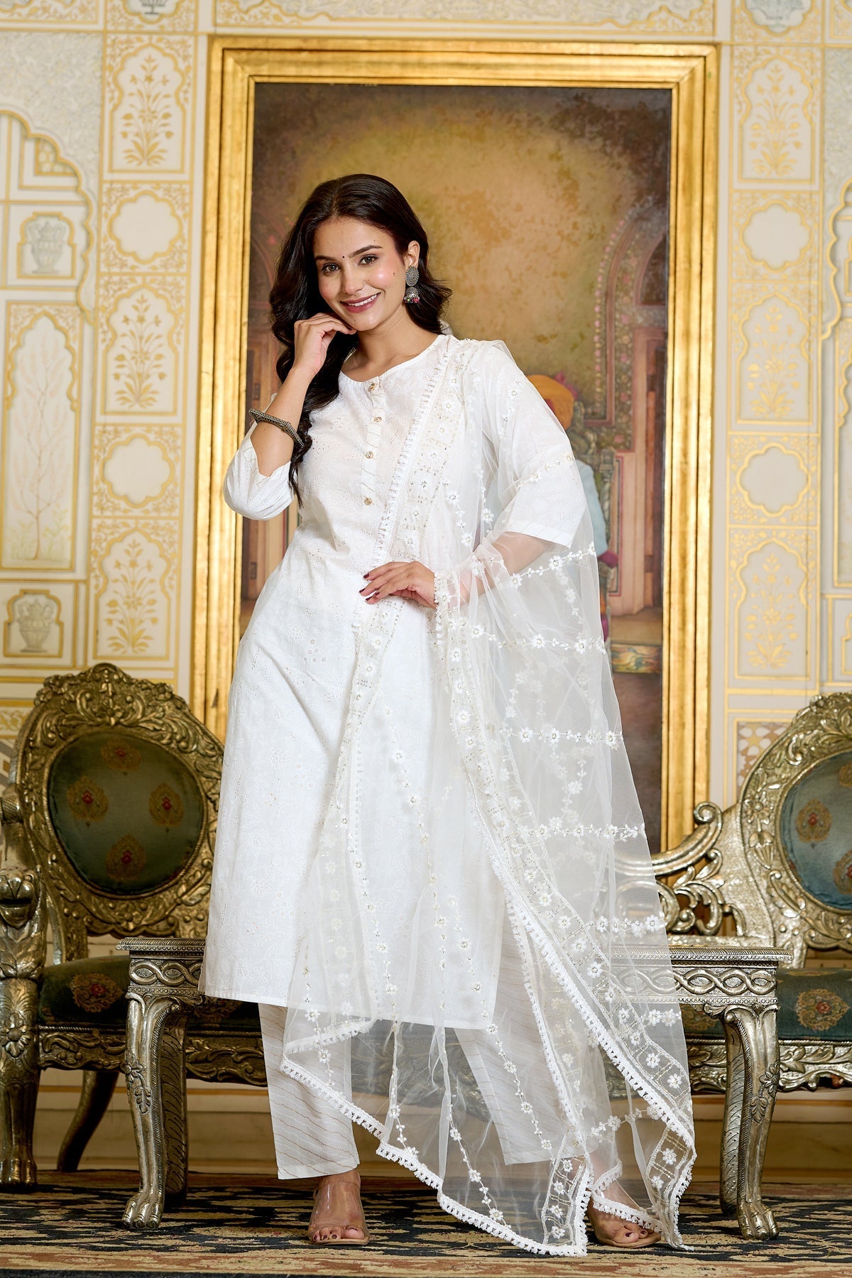 Gold Printed Kurtas & Trouser With Embroidered Dupatta