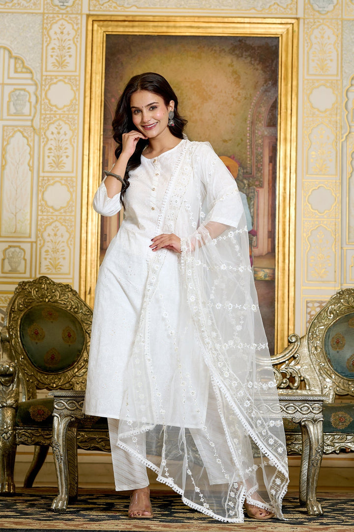 Gold Printed Kurtas &amp; Trouser With Embroidered Dupatta
