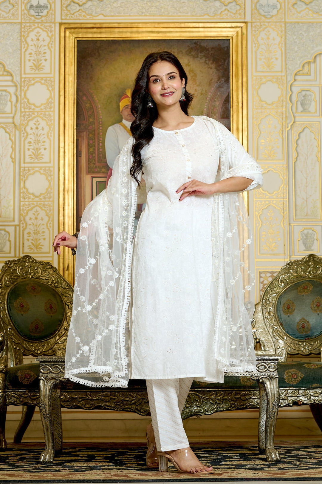 Gold Printed Kurtas &amp; Trouser With Embroidered Dupatta