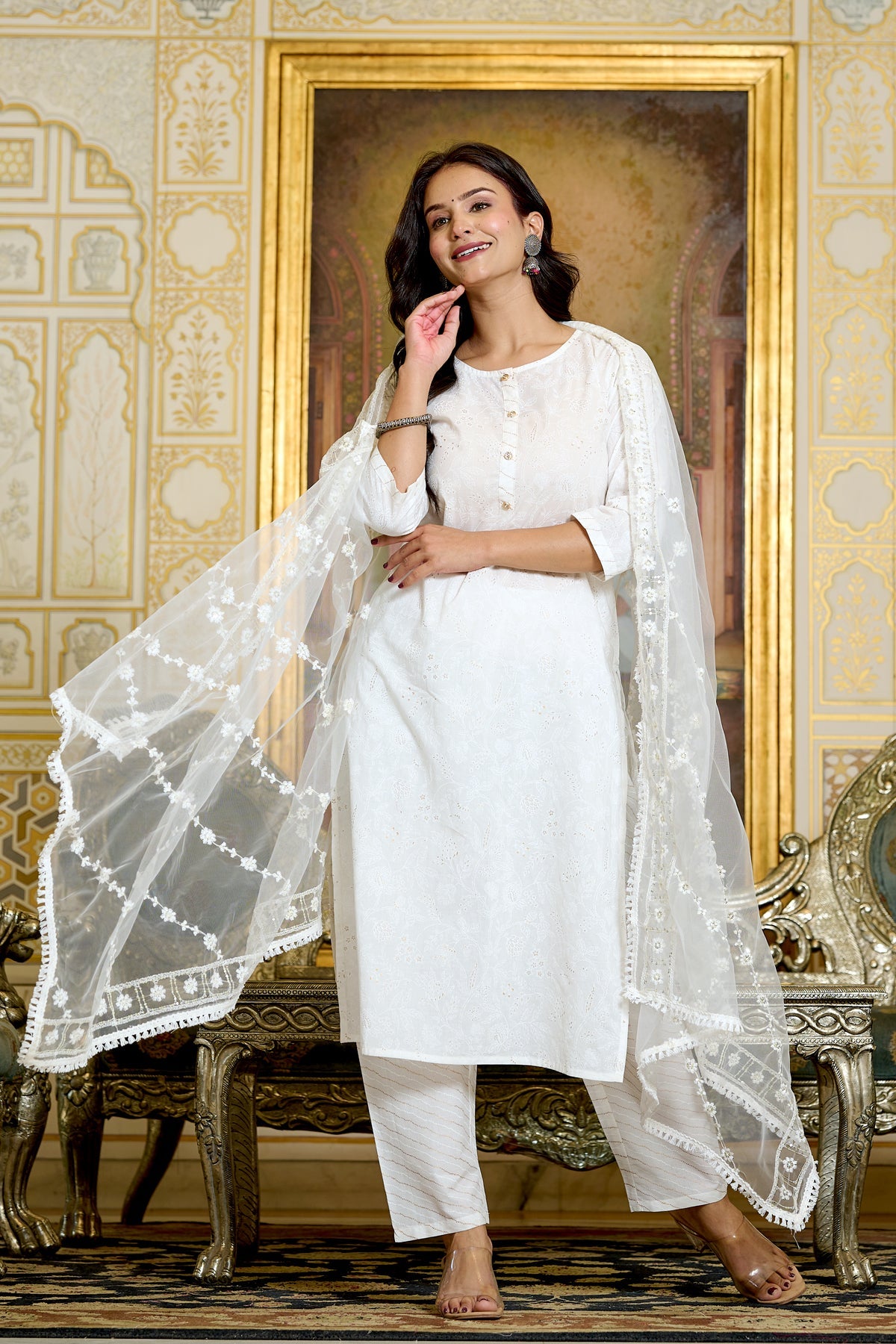 Gold Printed Kurtas & Trouser With Embroidered Dupatta