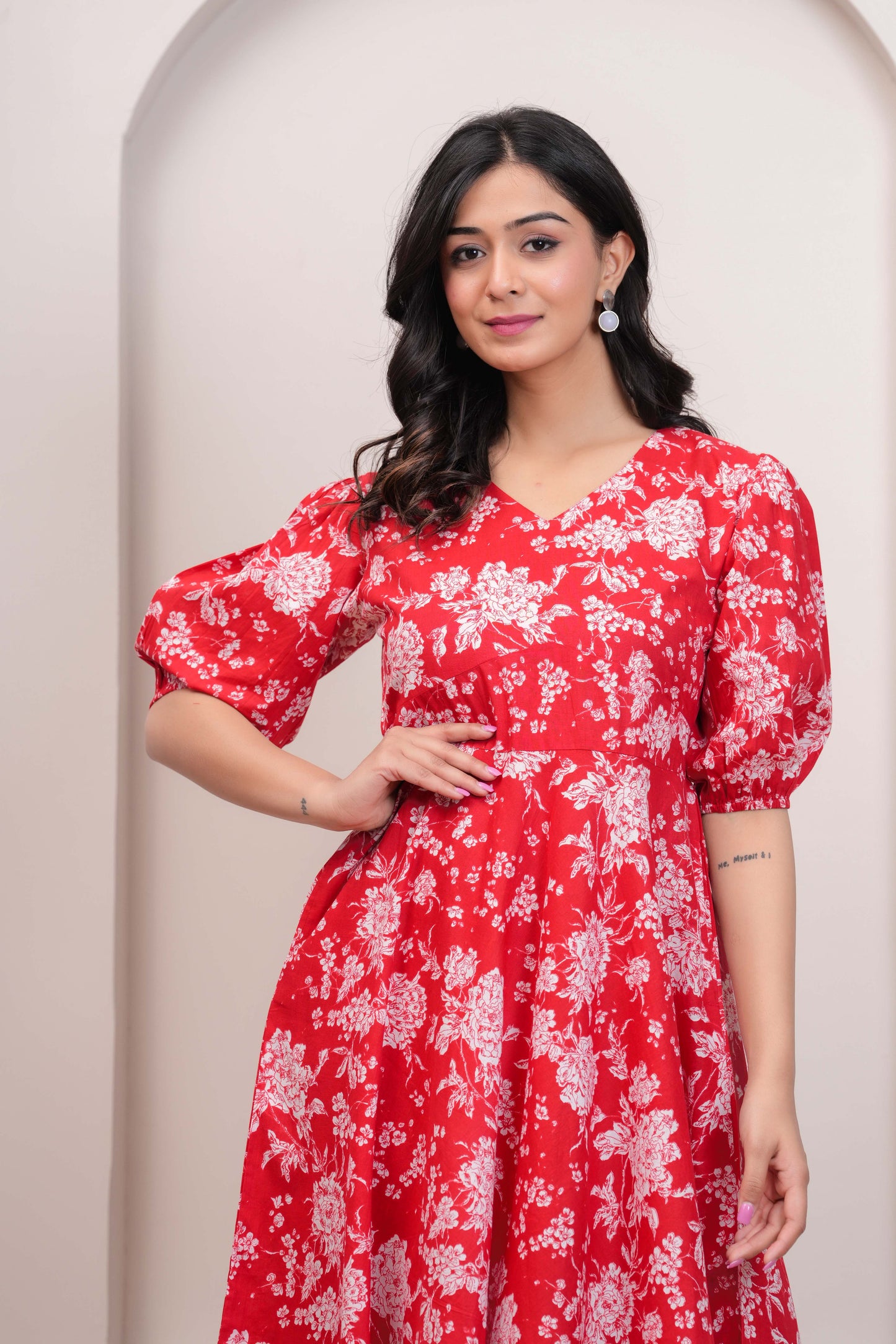 Red Floral Printed Flared Dress