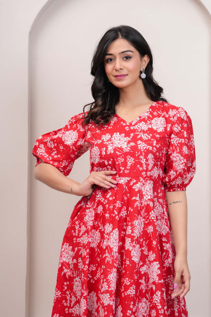 Red Floral Printed Flared Dress