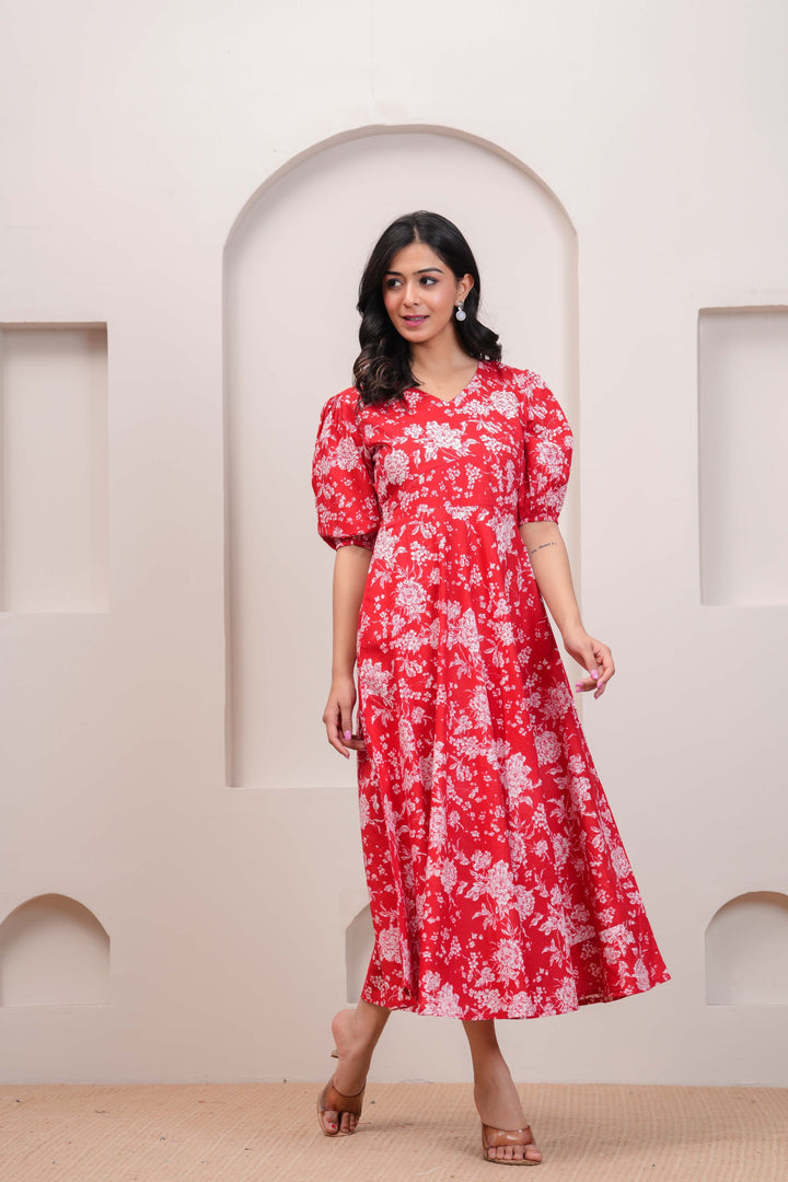 Red Floral Printed Flared Dress