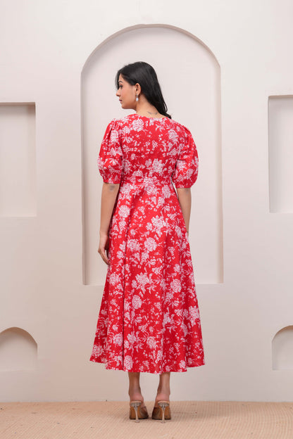 Red Floral Printed Flared Dress