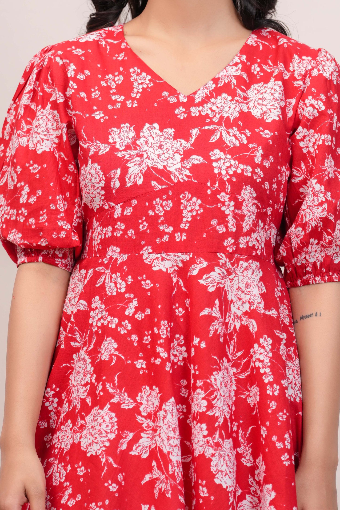 Red Floral Printed Flared Dress