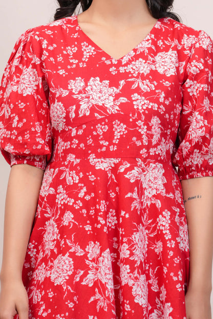 Red Floral Printed Flared Dress