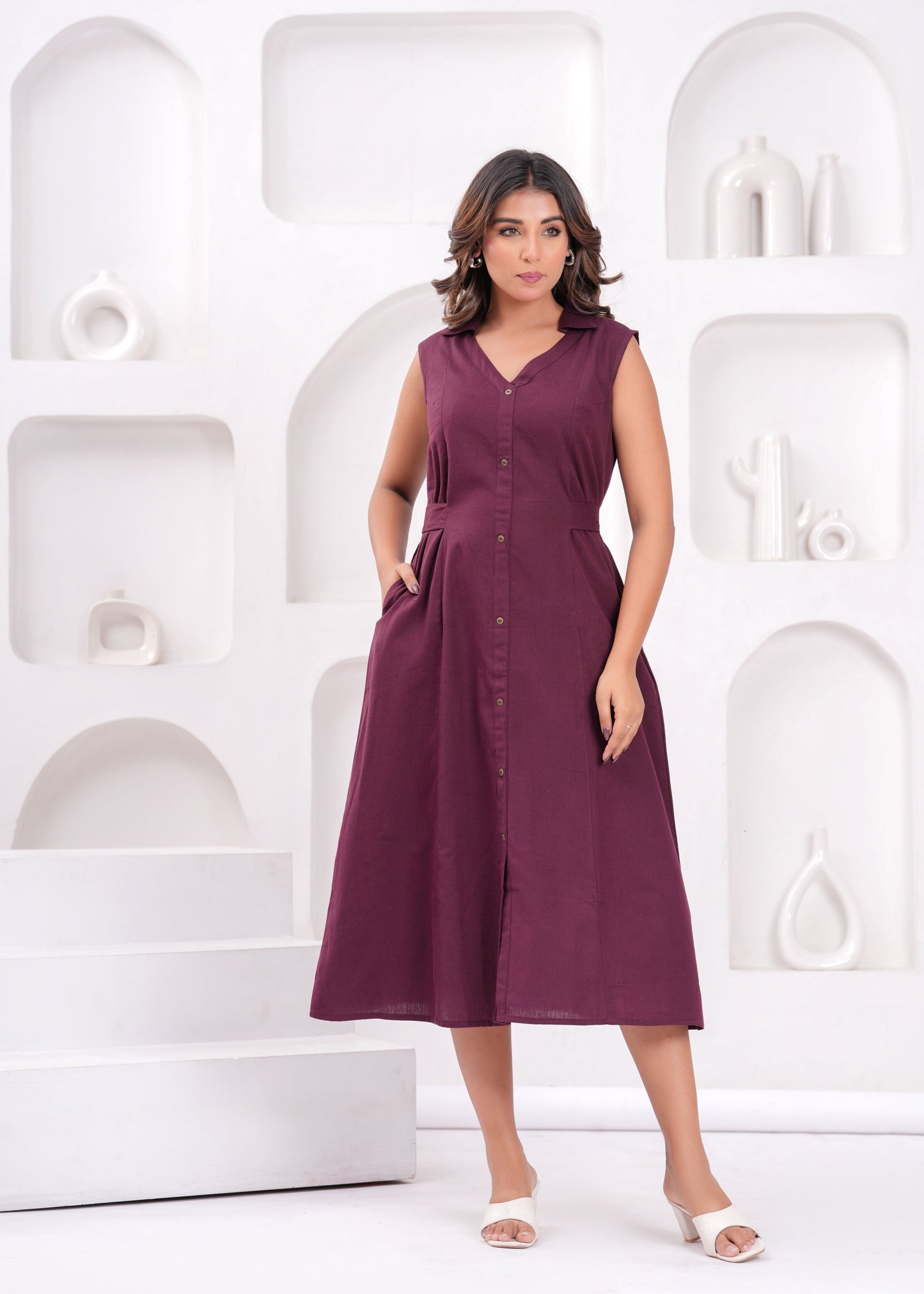 Solid Burgundy Notched Collar Dress