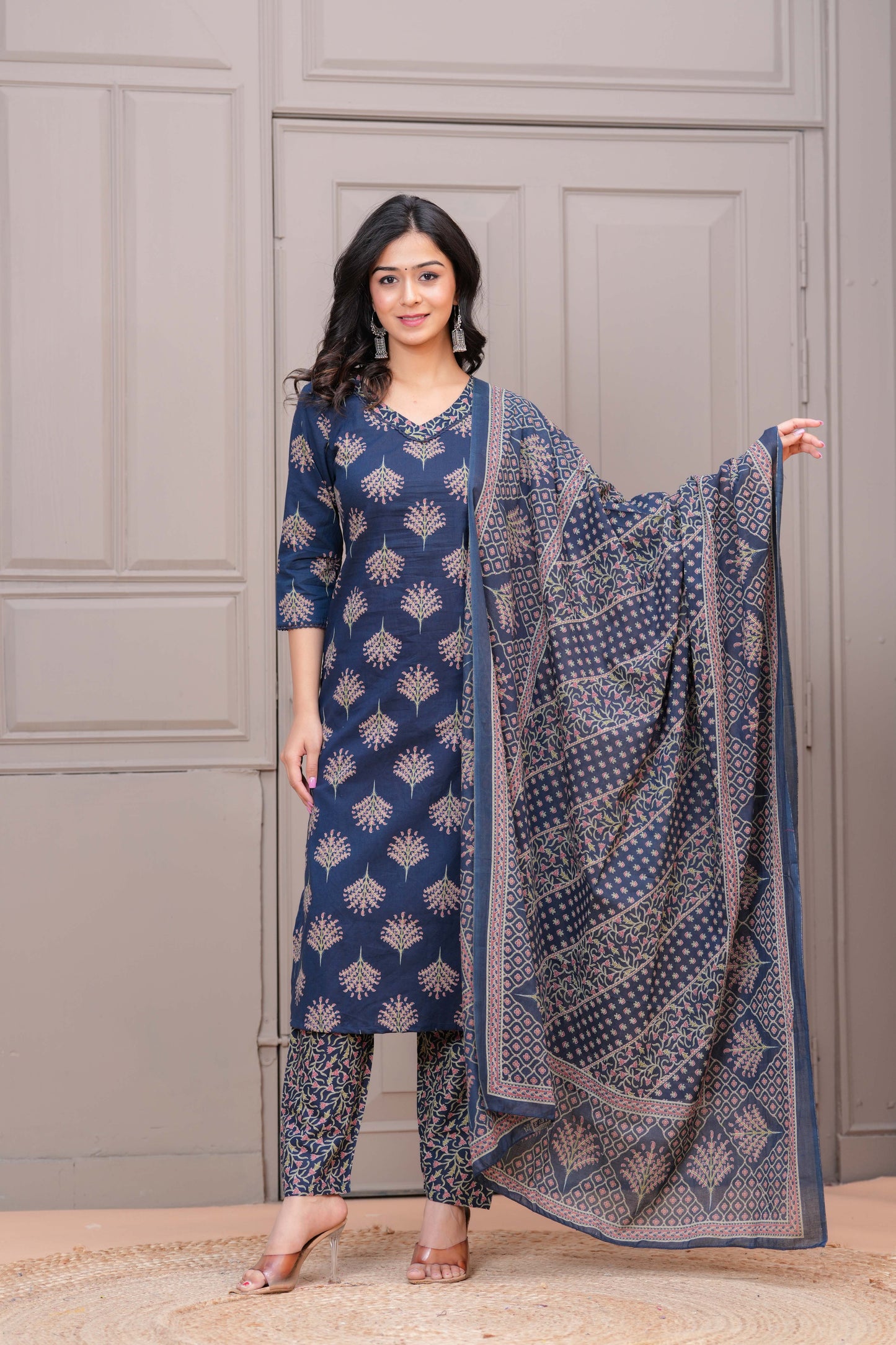 Navy Blue Printed Straight Kurta Set With Dupatta