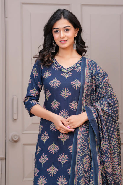 Navy Blue Printed Straight Kurta Set With Dupatta