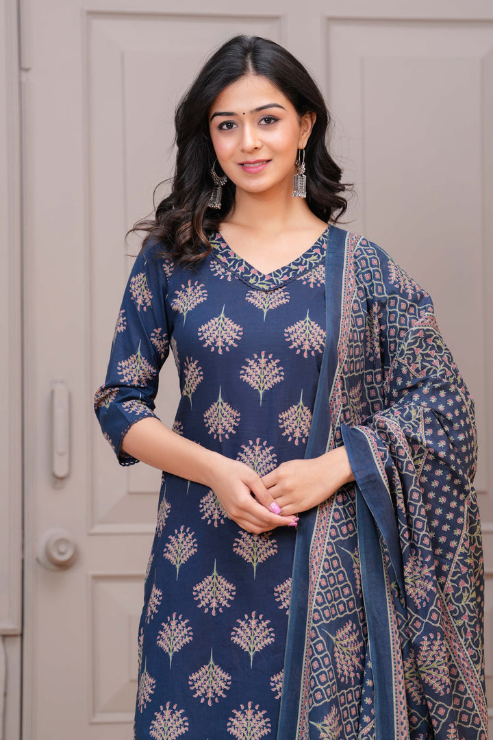 Navy Blue Printed Straight Kurta Set With Dupatta