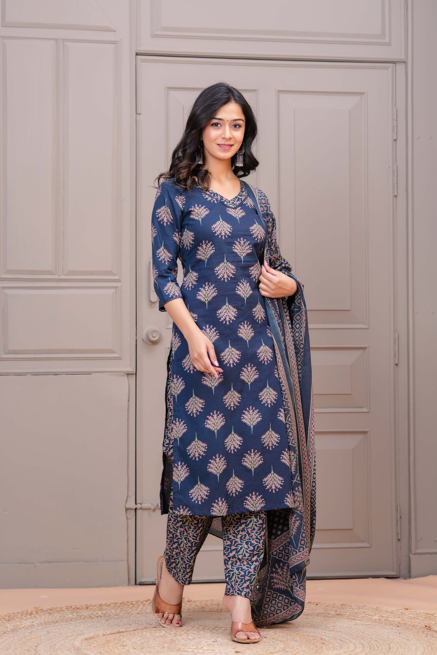 Navy Blue Printed Straight Kurta Set With Dupatta