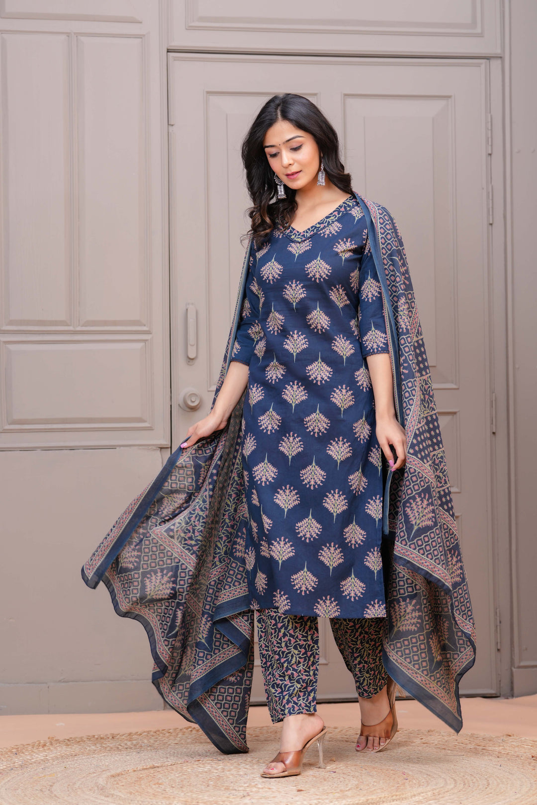 Navy Blue Printed Straight Kurta Set With Dupatta