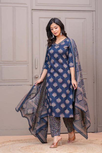Navy Blue Printed Straight Kurta Set With Dupatta