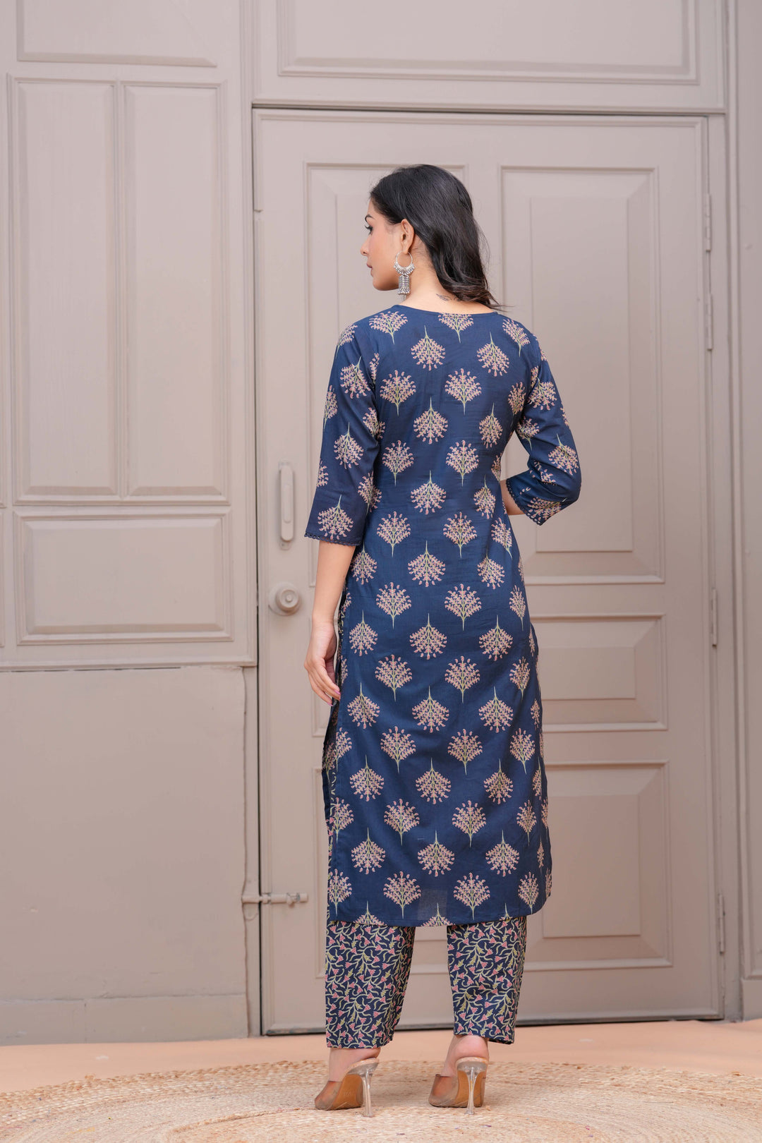 Navy Blue Printed Straight Kurta Set With Dupatta