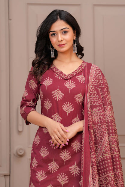 Maroon Printed Straight Kurta Set With Dupatta