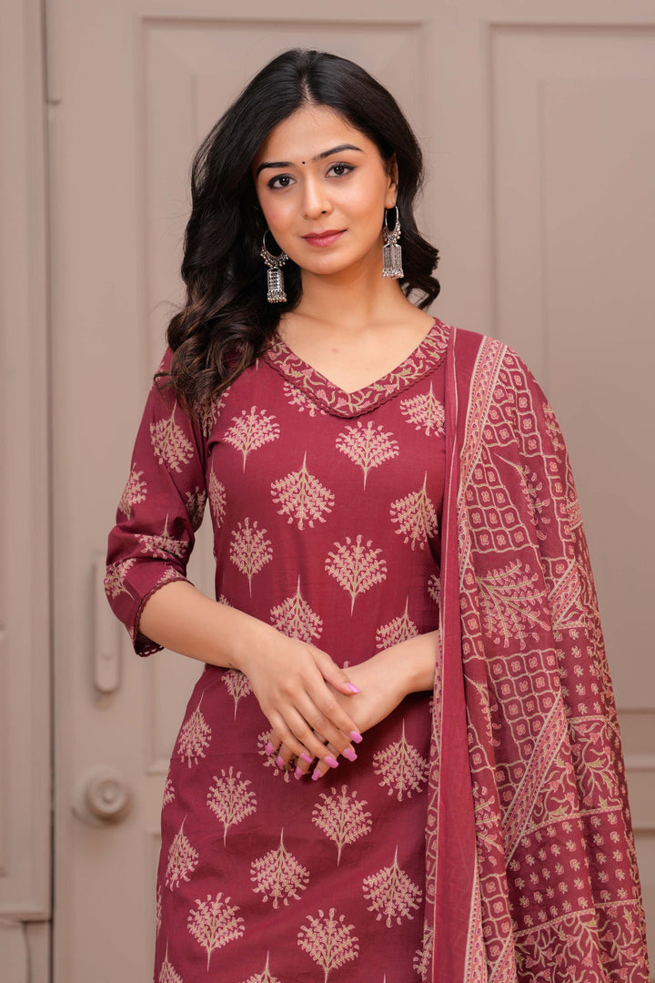 Maroon Printed Straight Kurta Set With Dupatta