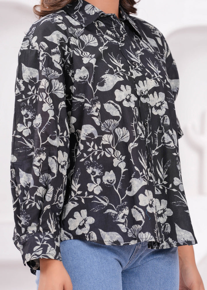 Black Printed Shirt Style Top