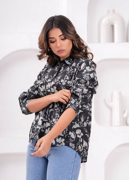 Black Printed Shirt Style Top