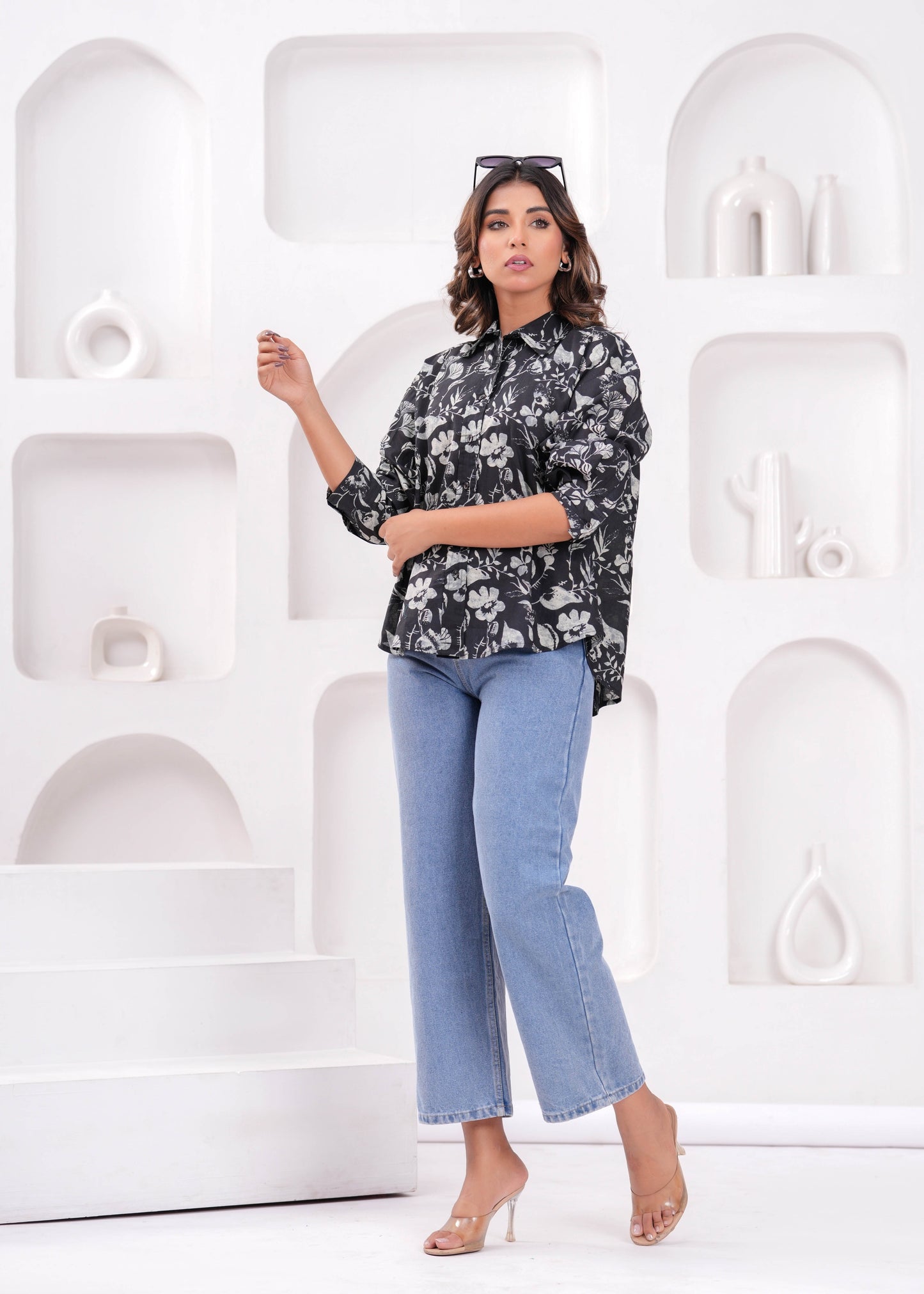 Black Printed Shirt Style Top