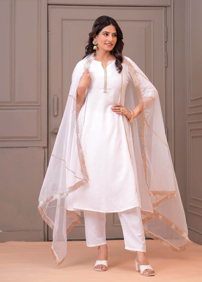White Solid Kurta Set With Dupatta