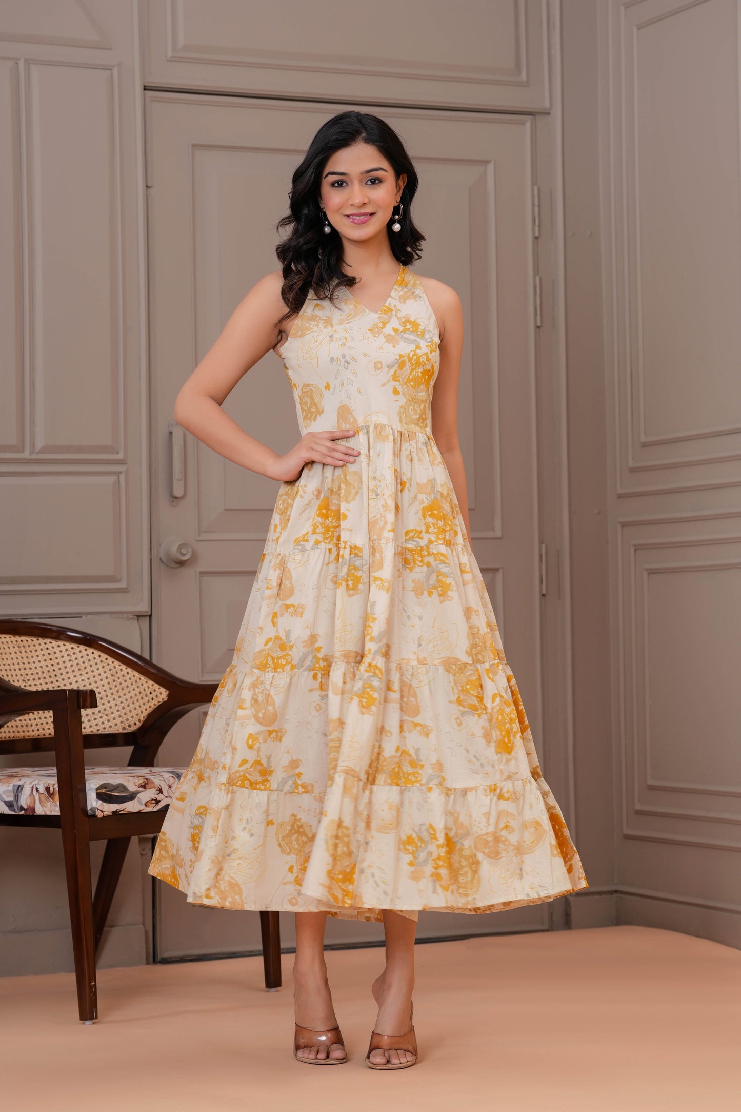 Printed Mustered Halter Neck Dress