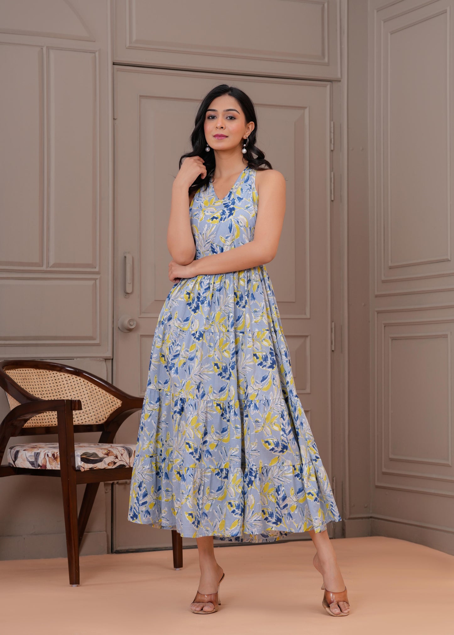 Printed Blue Halter Neck Dress