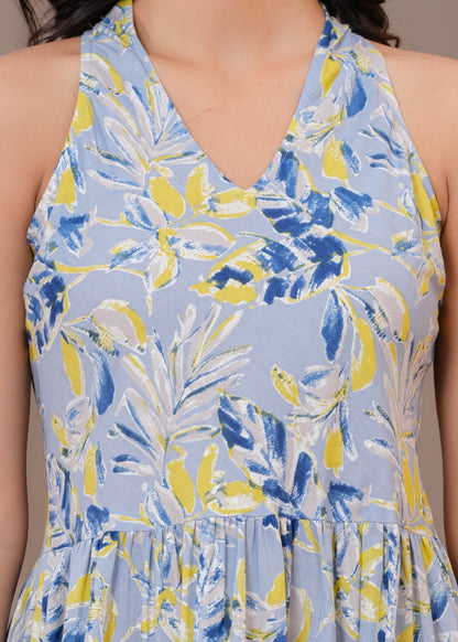 Printed Blue Halter Neck Dress