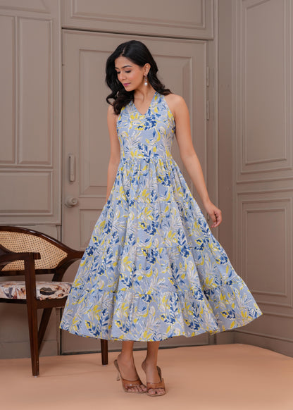 Printed Blue Halter Neck Dress