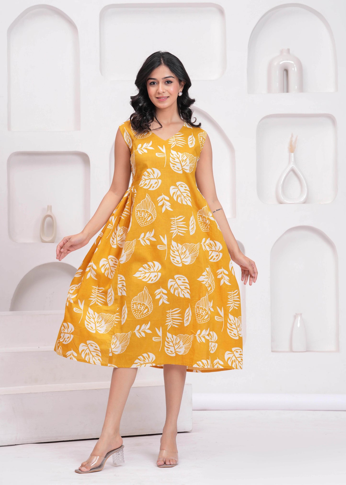 Yellow Printed Midi Dress