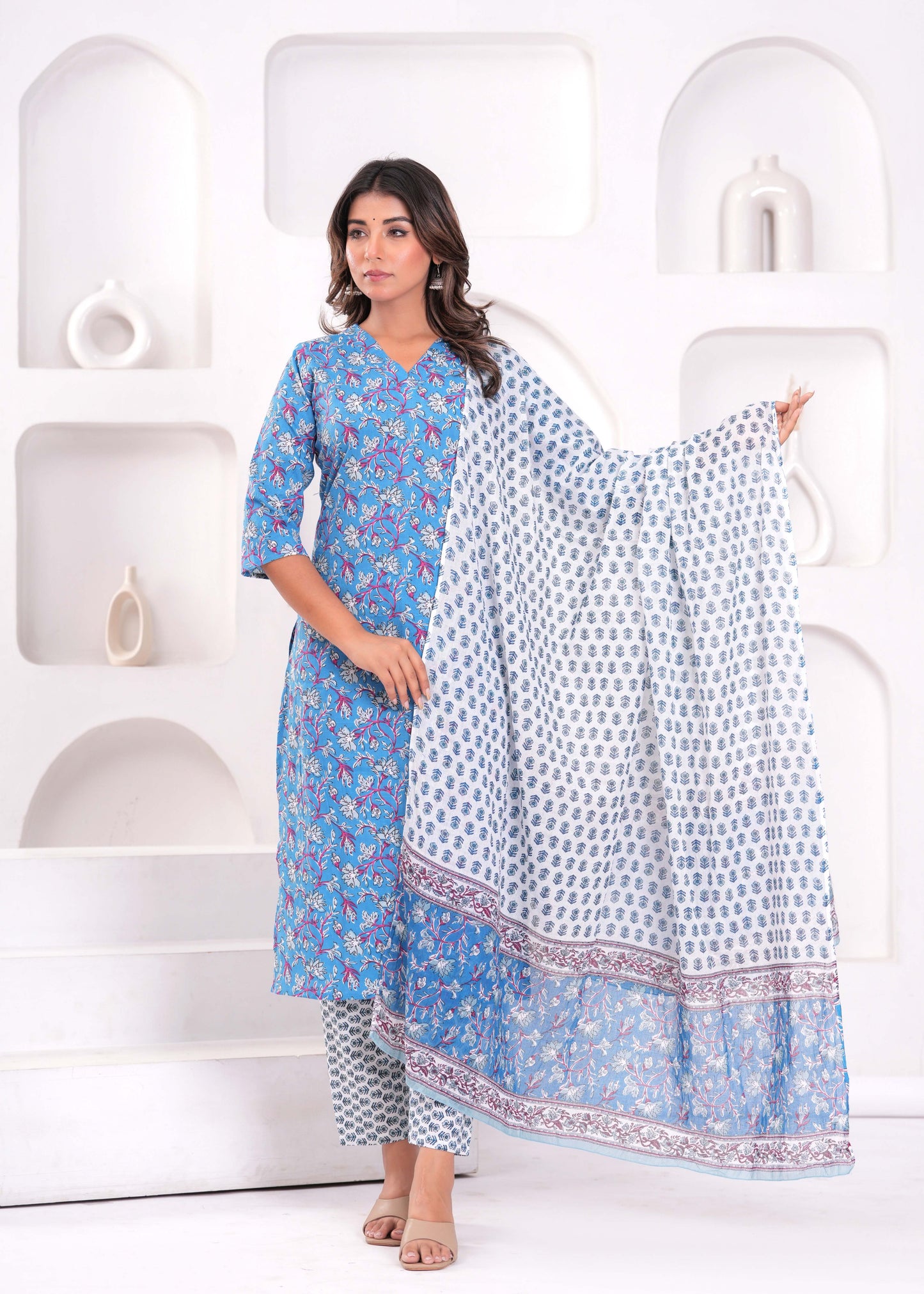 Blue Printed Kurta Set With Dupatta