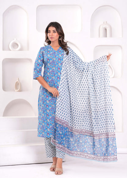 Blue Printed Kurta Set With Dupatta