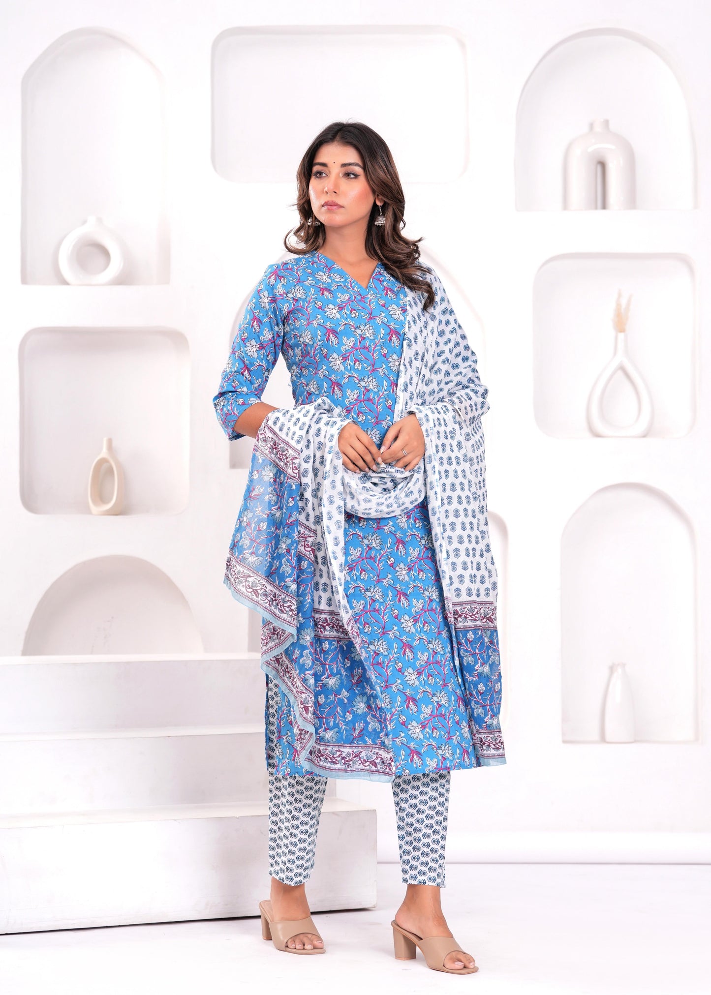 Blue Printed Kurta Set With Dupatta