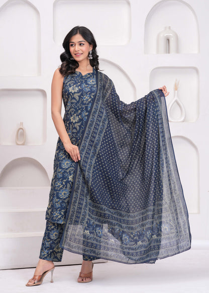 Blue Floral Printed Kurta Set With Dupatta