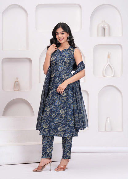 Blue Floral Printed Kurta Set With Dupatta