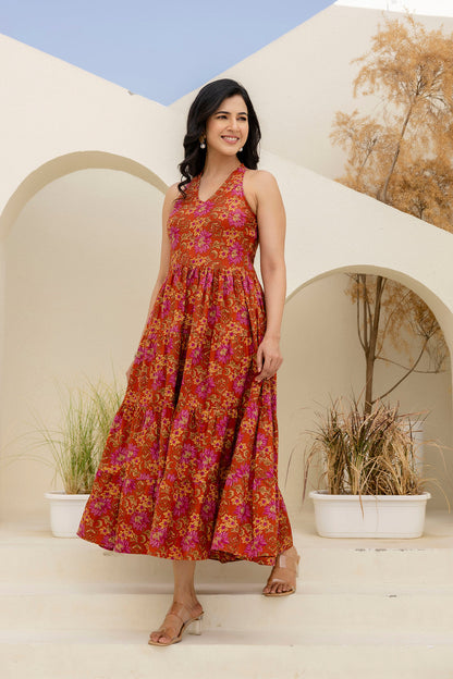 Printed Rust Halter Neck Dress