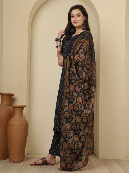 Blue Printed Kurta Set with Dupatta