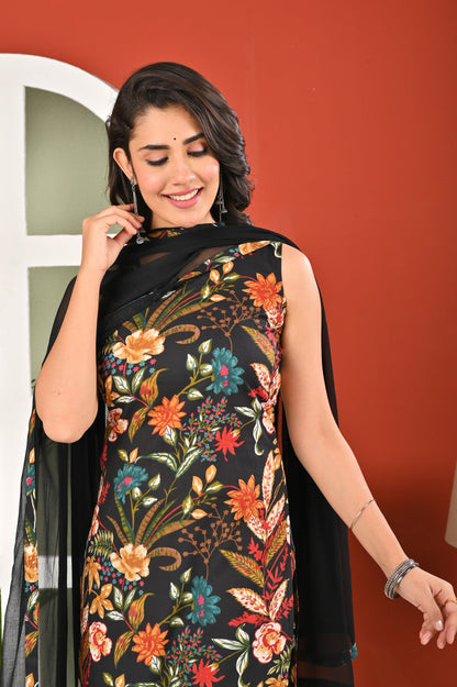Black Printed Kurta Set with Dupatta