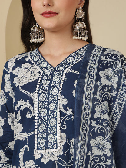 Blue Printed Kurta Set with Dupatta