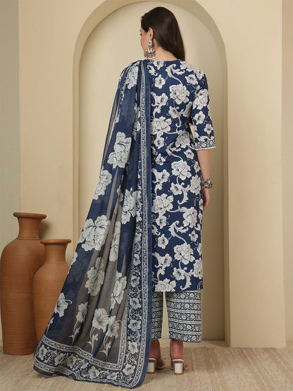 Blue Printed Kurta Set with Dupatta